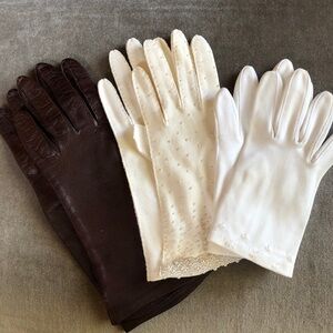 3 pairs Gorgeous vintage gloves: white beaded, white embroidered, brown leather